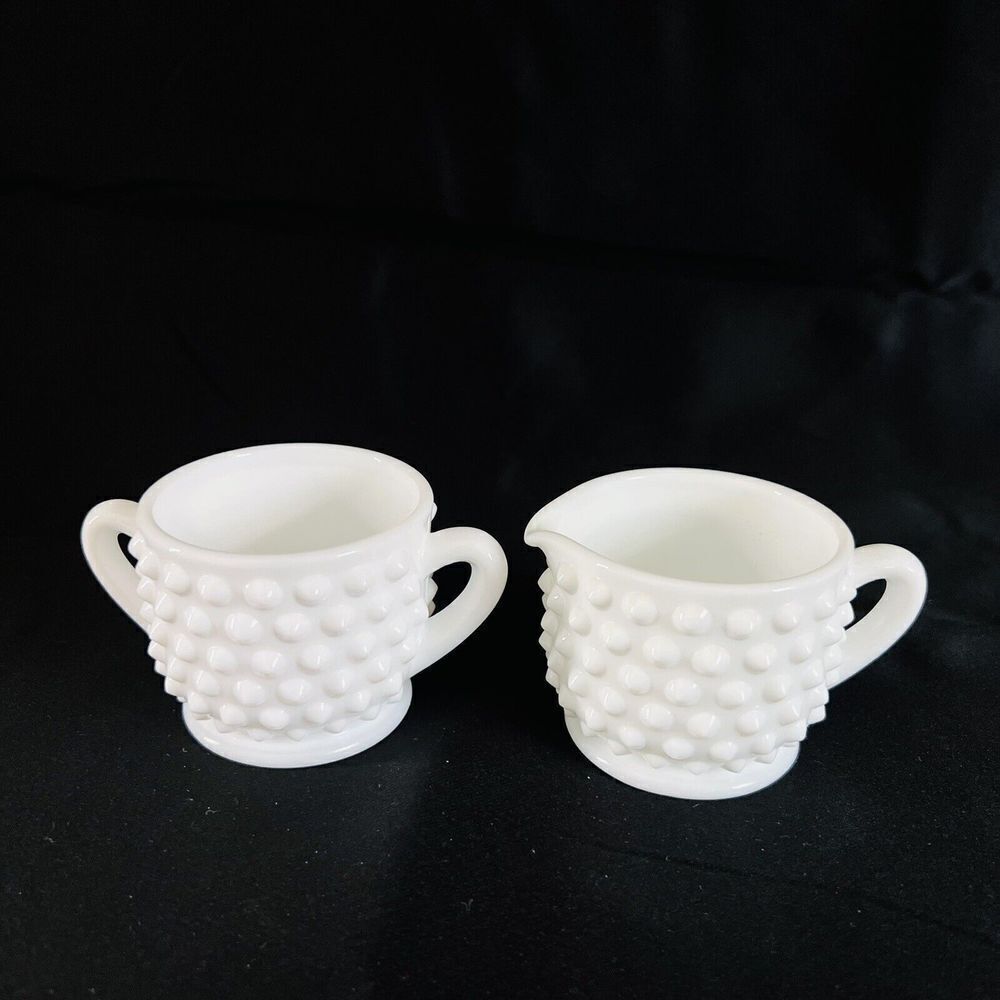 Vintage FENTON Hobnail White Milk Glass Small Cream and Sugar Bowl
